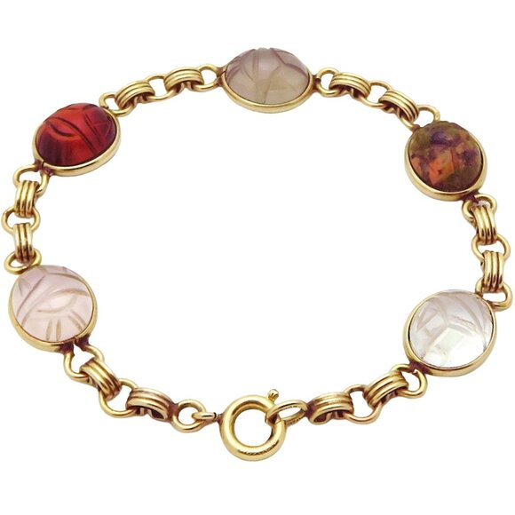 Vintage 12K Gold Filled Aumara Scarab Beetle Egyptian Revival Gemstone Bracelet - Picture 1 of 10